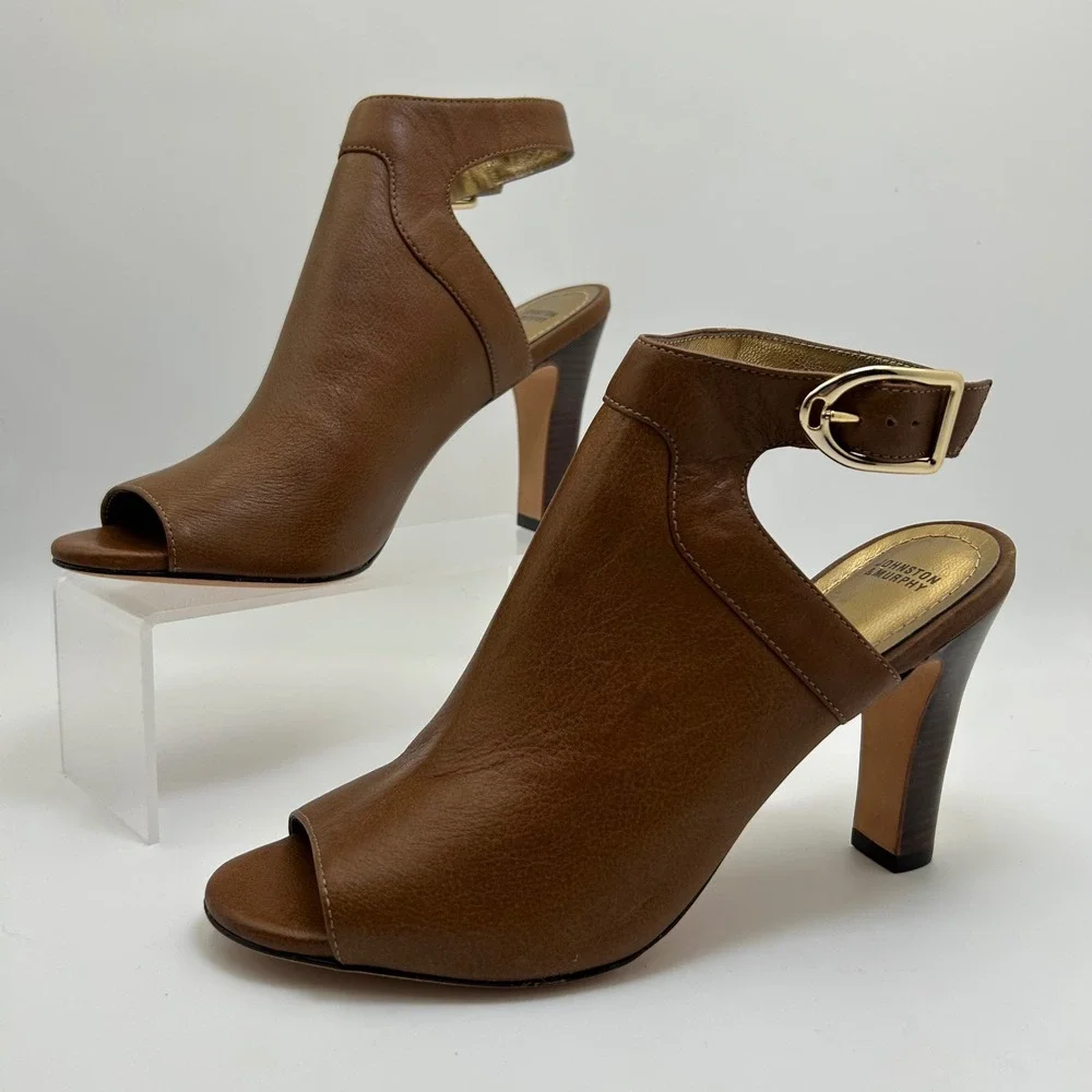 New Johnston Murphy Cassie Buckle Peep Toe Heel Booties 9.5‎ Brown Leather Ankle